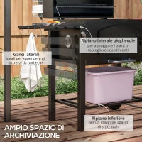 Barbecue da Giardino a 2 Ruote con Griglia, Affumicatore e Fornello, in Metallo e Ghisa, 124x66x112 cm, Nero