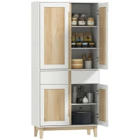 Credenza da cucina alta  con 4 ante, 2 cassetti e mensole regolabili, 80x35x170cm, Bianco e quercia