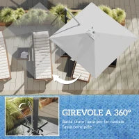 Ombrellone a Sbalzo con Manovella e Base a Croce, in Poliestere, Alluminio e Metallo, 365x297x256 cm, Grigio Chiaro