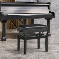 Sgabello per Pianoforte con Altezza Regolabile e Contenitore in Legno e Finta Pelle, 63x35x46-56cm, Nero