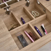 Tavolo da Trucco Moderno con Specchio Estraibile, Organizer Gioielli, 2 Cassetti e Sgabello, Color Legno