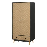 Armadio 2 Ante In Legno Con 4 Ripiani, 2 Cassetti e Appendiabiti, Grigio Scuro, 90x50x190 cm