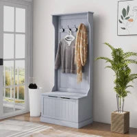 Mobile Appendiabiti 3 in 1 con 4 Ganci e Panca Contenitore, in Legno, 71.5x39.5x170 cm, Grigio