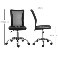 Sedia da Ufficio Ergonomica Senza Braccioli, Sedia per Scrivania in Tessuto Traspirante a Rete, Altezza Regolabile e 5 Ruote, 43x58x90-100 cm, Nero