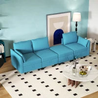 Divano Componibile Modulare 3 Posti con Pouf Poggiapiedi e Cuscini, Rivestimento in Flanella, Blu