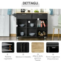 Carrello da Cucina in Legno con 2 Cassetti, Armadietto 3 Ante e 4 Ruote, 121x46x91cm, Nero