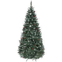 Albero di Natale Alto 210 cm da Interno con 928 Rami, Pigne e Bacche Rosse, Base in Metallo, Verde
