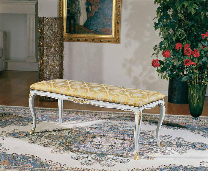 Panca imbottita in legno shabby con decori oro
