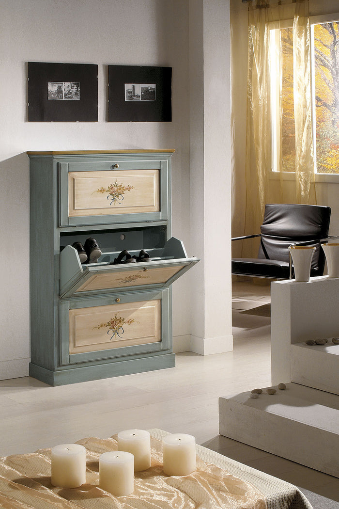 scarpiera 3 ante in legno massello azzurro/ocra l.80 x p.30 h.130 (1218) - Mobili 2G