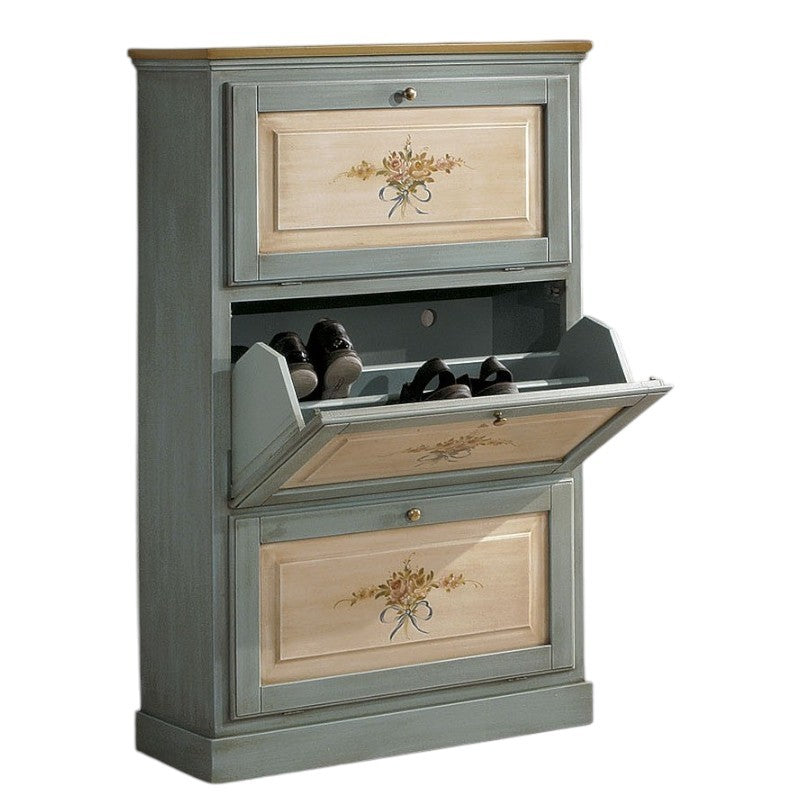 scarpiera 3 ante in legno massello azzurro/ocra l.80 x p.30 h.130 (1218) - Mobili 2G