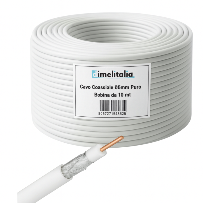 Cavo coassiale tv 75 ohm Ø5 mm in rame puro bobina da 10 metri pronta all'uso