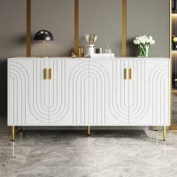 Credenza cucina design unico a onde con 4 ante e 2 cassetti, maniglie e piedi dorati, in MDF, 152×40×75 cm, Bianco