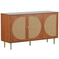 Credenza Moderna con 3 Porte in Rattan, Maniglie in Metallo, per Cucina e Soggiorno, 129.8x40x76 cm, Colore Noce