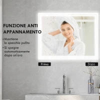 kleankin Specchio Bagno con Luce LED 3 Livelli Rettangolare, Antiappannamento e Interruttore Touch, 90x70cm