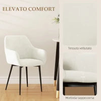 Set 2 Sedie da Pranzo Nordiche Imbottite con Braccioli Ricurvi in Tessuto Effetto Velluto, 54x57x80 cm, Crema