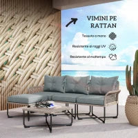 Set da Giardino 5 Pezzi in Rattan con 2 Sedie Laterali, Sedia Centrale e 2 Sgabelli/Tavolini da Caffè