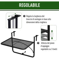 Tavolo da Ringhiera con Ganci ad Altezza Regolabile su 3 Livelli, in Metallo, 60x56.5x45 cm, Nero