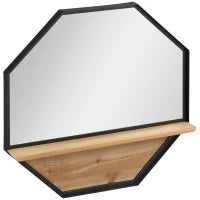 Specchio da Parete Ottagonale in Metallo con Mensola in Legno, 61x61cm Nero