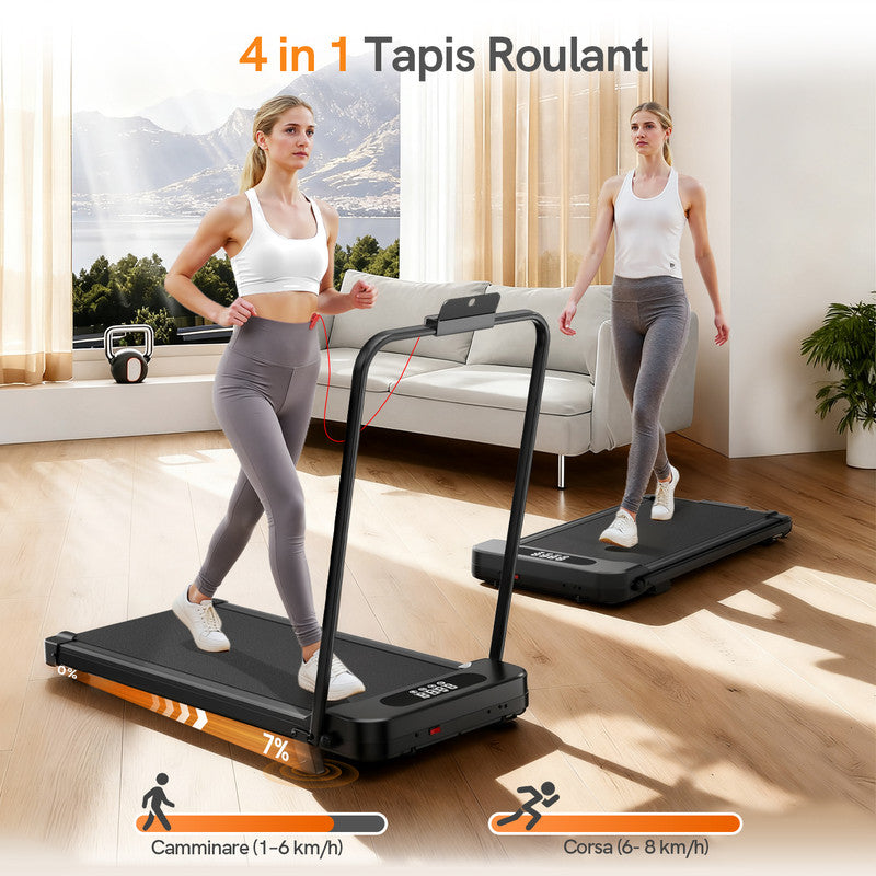 Tapis roulant pieghevole 3 in 1 RATTANTREE, inclinazione del 7%, 2,5 CV, per uso domestico, si adatta sotto le scrivanie, con telecomando