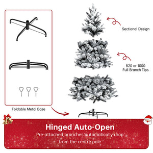 Albero di Natale in pino innevato super spesso con base a croce in ferro pieghevole, effetto neve realistico con rami che si aprono a ombrello (210cm)