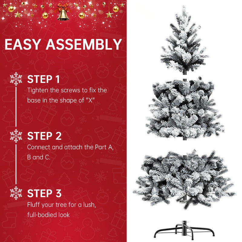 Albero di Natale in pino innevato super spesso con base a croce in ferro pieghevole, effetto realistico di rami innevati, apertura a ombrello (180 cm)