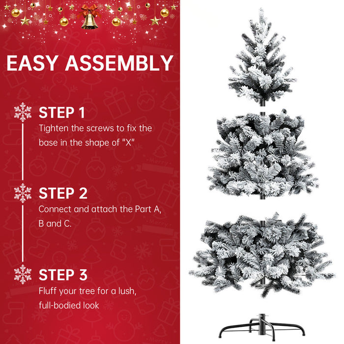 Albero di Natale in pino innevato super spesso con base a croce in ferro pieghevole, effetto neve realistico con rami che si aprono a ombrello (210cm)