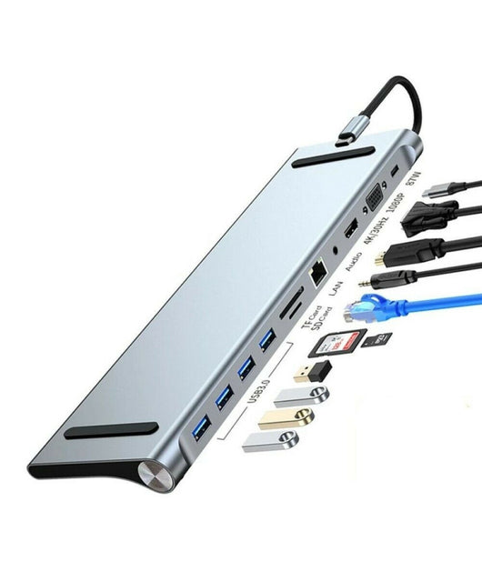 Hub 11 In 1 Usb Type C Adattatore Con Hdmi 4k Vga Ethernet Lan Sd Audio Pd Hu990         