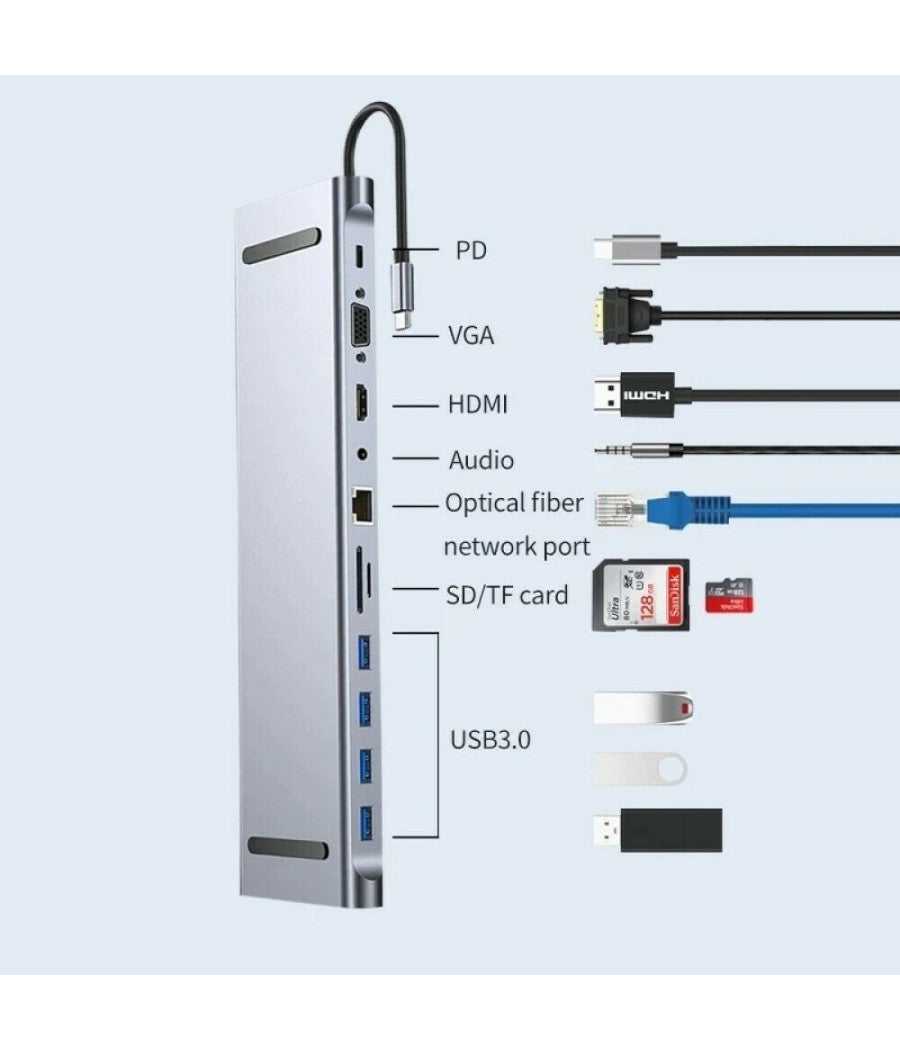 Hub 11 In 1 Usb Type C Adattatore Con Hdmi 4k Vga Ethernet Lan Sd Audio Pd Hu990         
