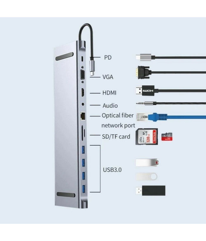 Hub 11 In 1 Usb Type C Adattatore Con Hdmi 4k Vga Ethernet Lan Sd Audio Pd Hu990         