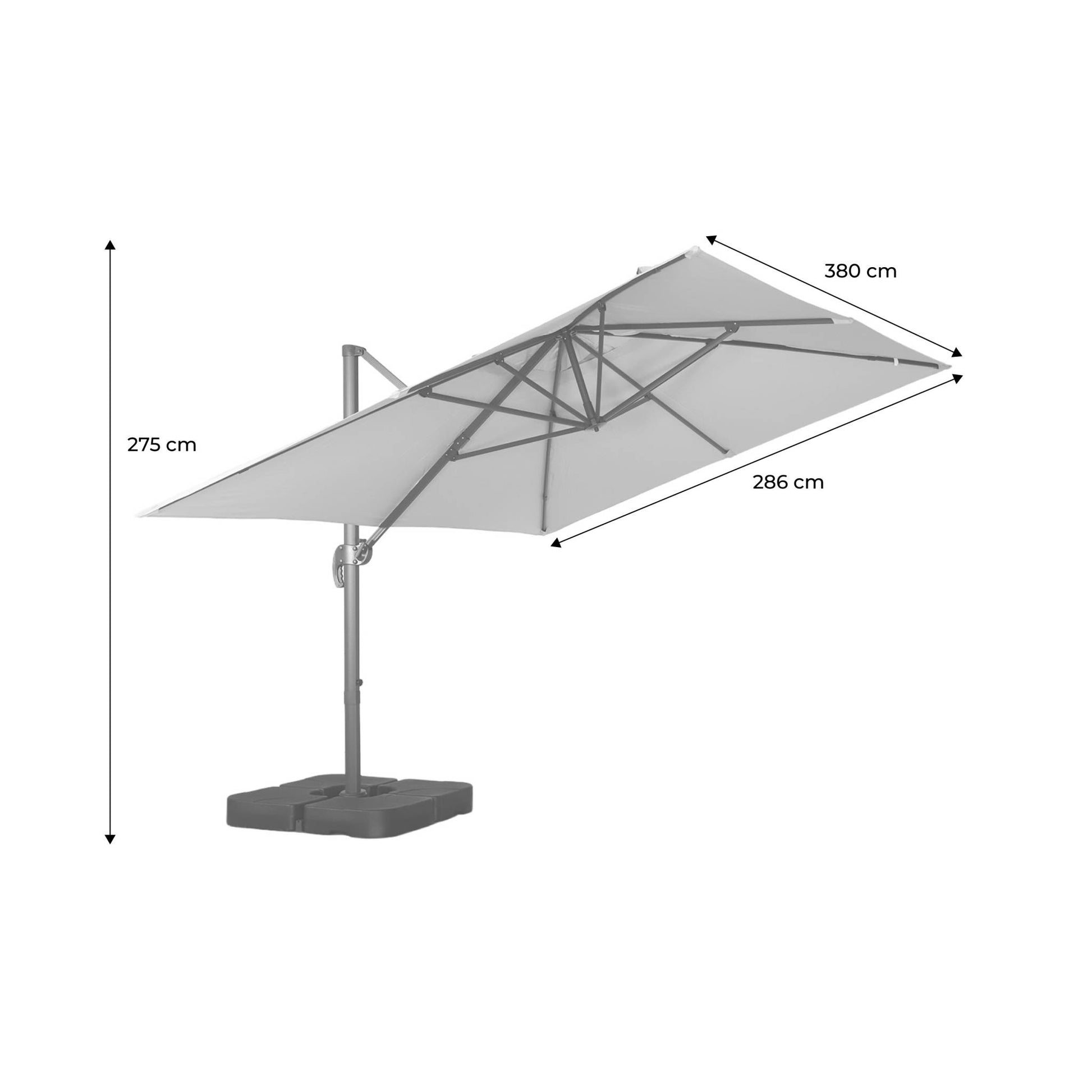 Ombrellone decentrato rettangolare 3x4m + piastre di zavorra 50x50cm,