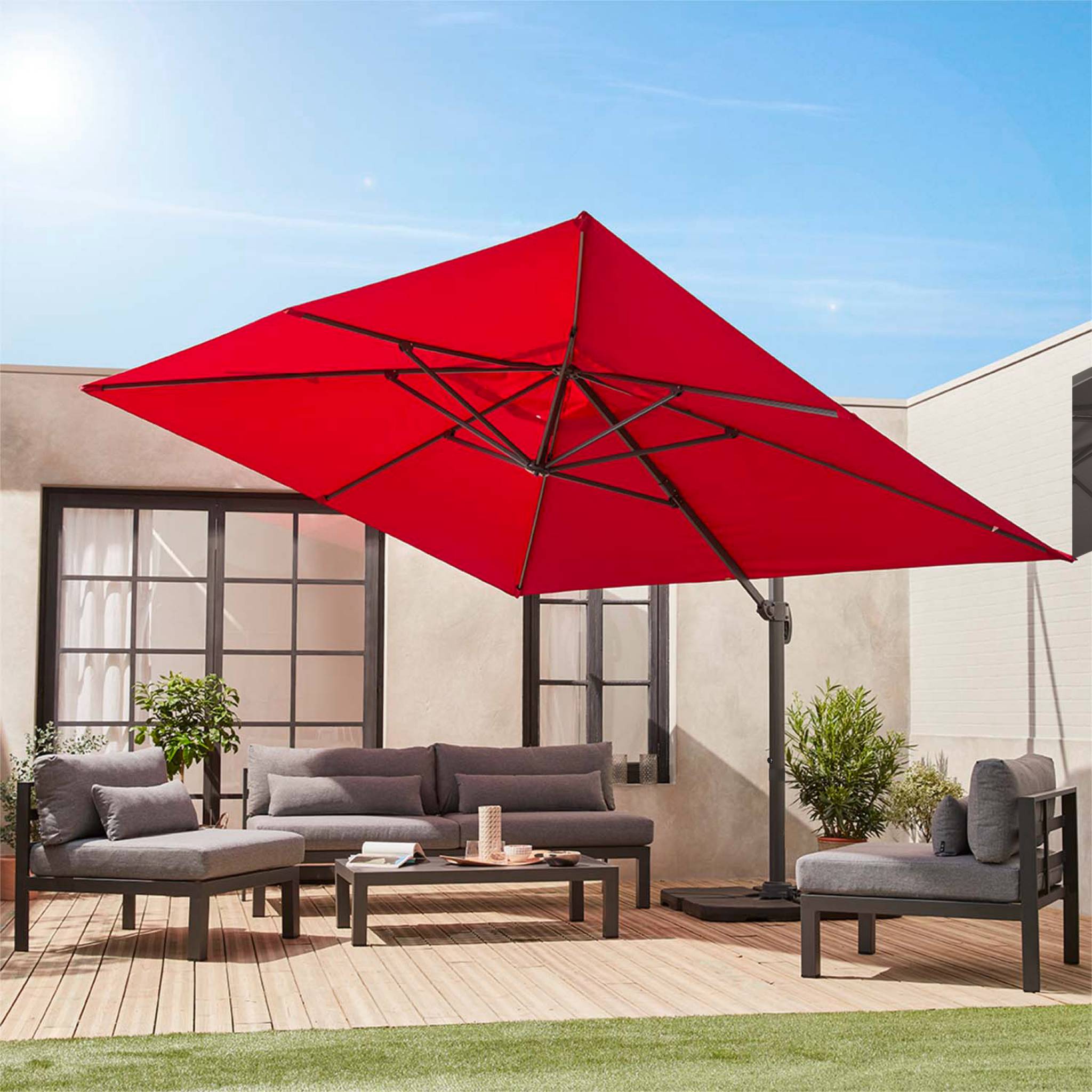 Ombrellone decentrato rettangolare 3x4m + base 50x50cm, rosso