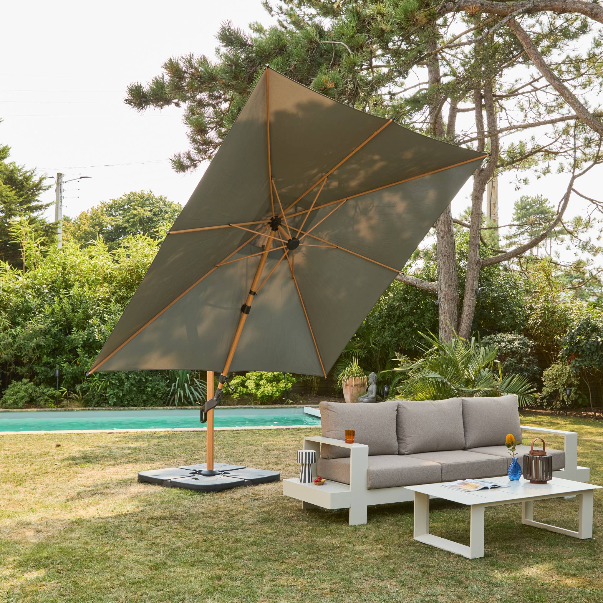 Parasol decentrato 3x3m quadrato, palo effetto legno, verde kaki