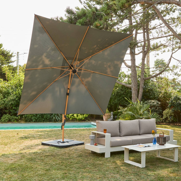 Parasol decentrato 3x3m quadrato, palo effetto legno, verde kaki
