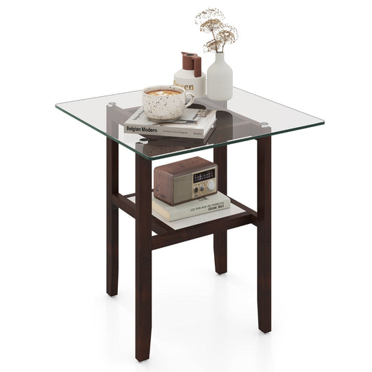 Tavolino quadrato in vetro con 2 ripiani e struttura in legno di gomma-Tavolino da salotto moderno per soggiorno Trasparente e Marrone