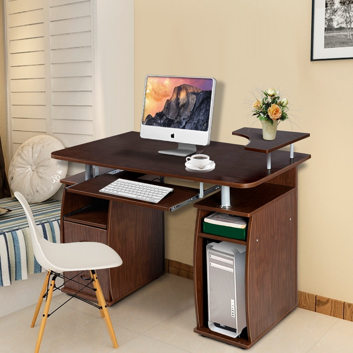 Scrivania per computer da ufficio con cassetti Tavolo porta pc in legno con supporto per tastiera 120x55x85cm Noce-Scrivanie