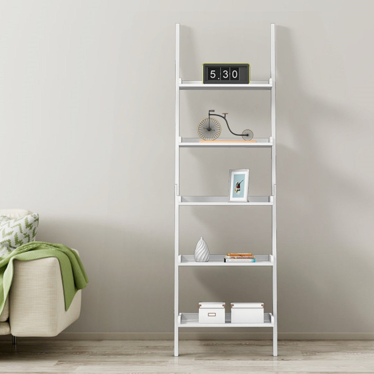 Scaffale a scala con 5 ripiano in MDF da soggiorno e studio-Libreria 60x30x190cm Bianco