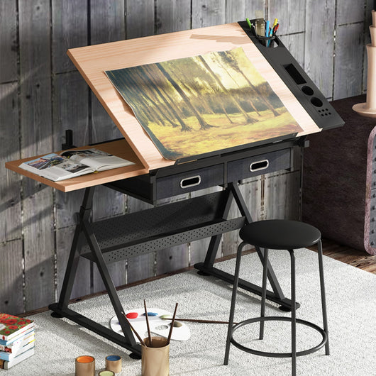 Scrivania inclinabile e impermeabile con cassetti in MDF sgabello-Tavolo da disegno 119x60x73,5-98cm Nero-Scrivanie