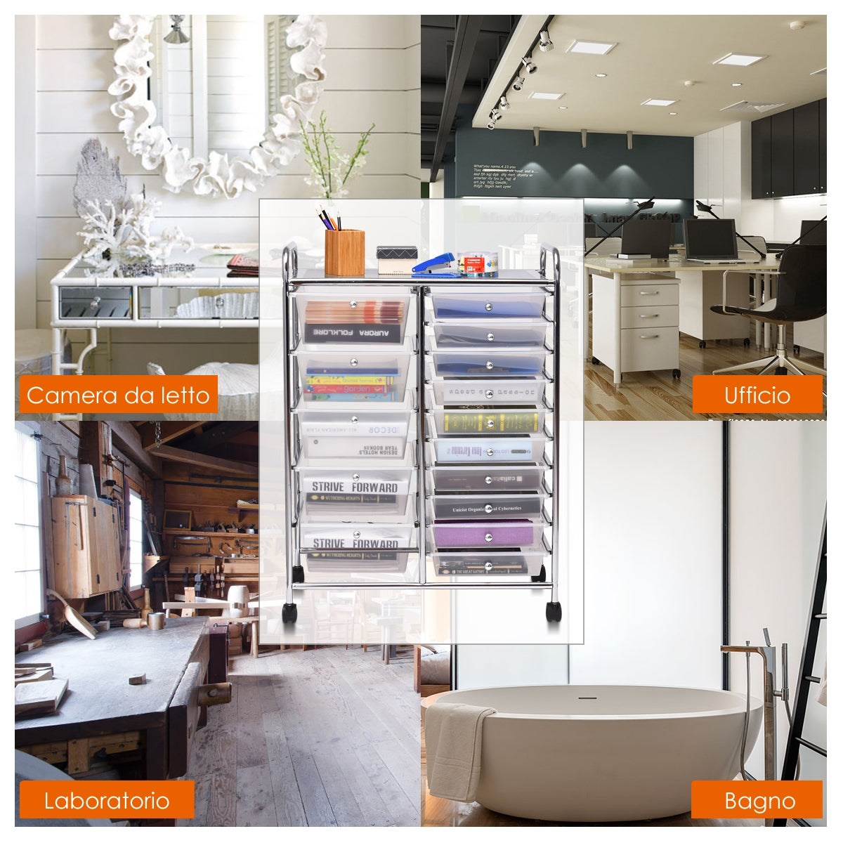 Carrello cassettiera multiuso con 15 cassettiera in plastica da cucina Contenitore con ruote Trasparente-Armadi da ufficio