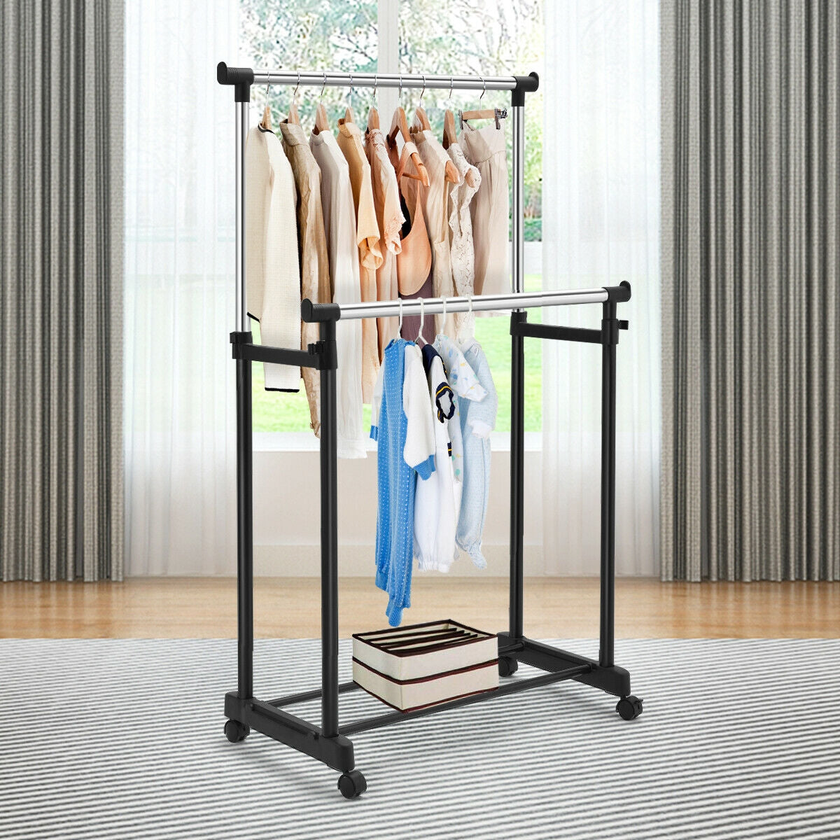 Appendiabiti doppio di metallo con ruote regolabile 86x43x94-168cm-Appendiabiti