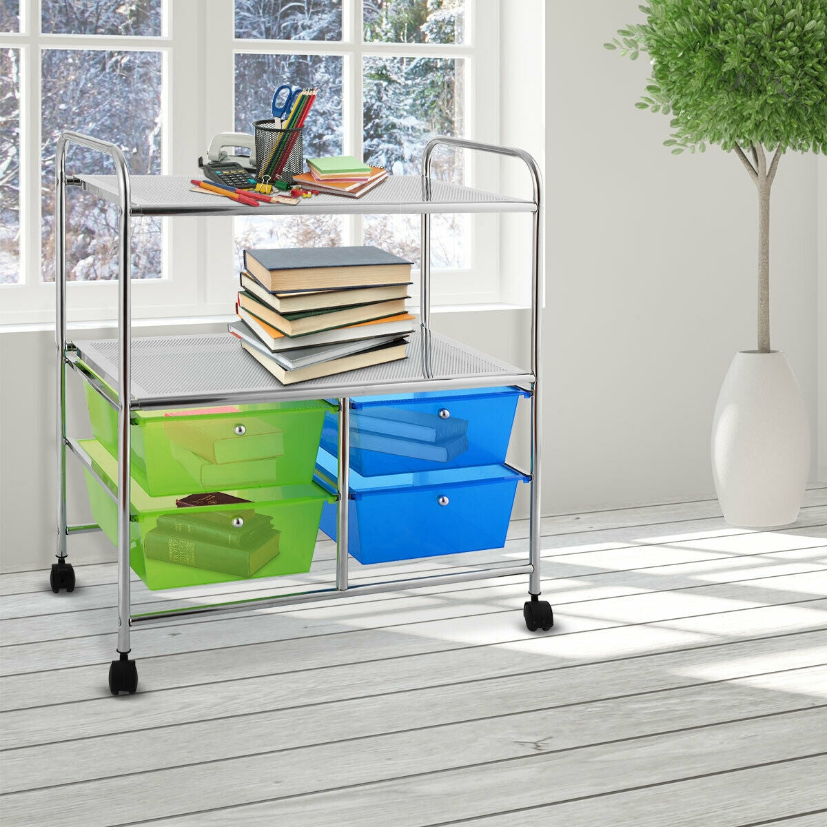 Carrello multiuso con ruote-Carrello con 4 cassettiere e 2 piani per cucina bagno 58,5x37x75cm Scaffale per Cucina