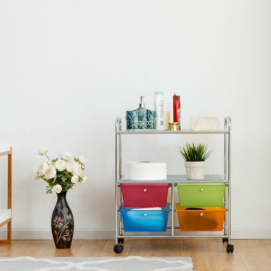 Carrello multiuso con ruote-Carrello con 4 cassettiere e 2 piani per cucina bagno 58,5x37x75cm Colorato