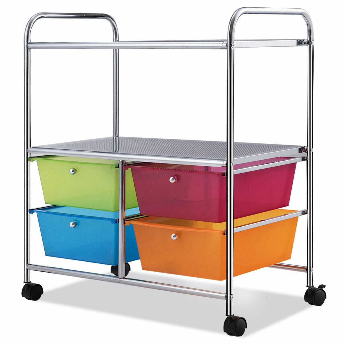 Carrello multiuso con ruote-Carrello con 4 cassettiere e 2 piani per cucina bagno 58,5x37x75cm Colorato