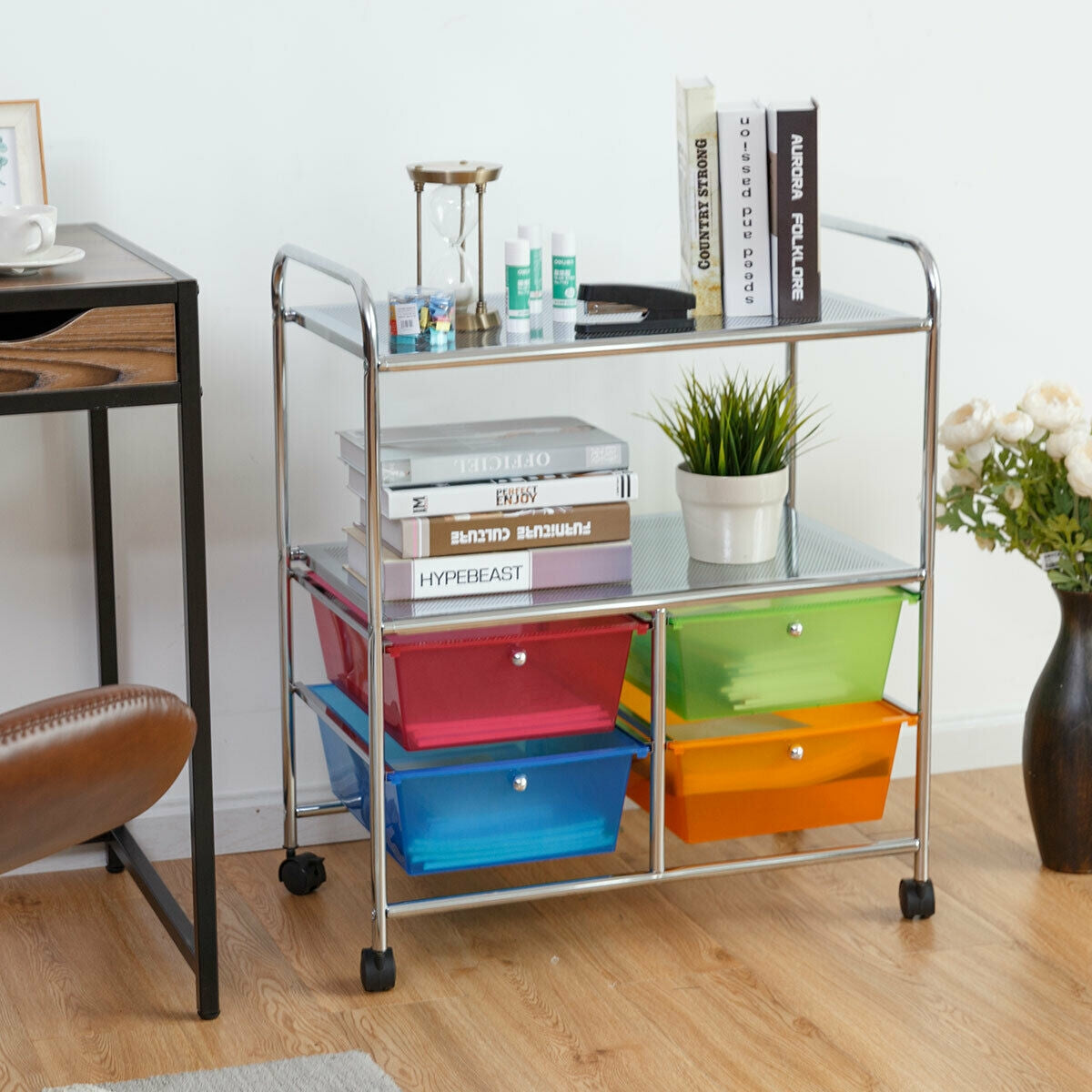 Carrello multiuso con ruote-Carrello con 4 cassettiere e 2 piani per cucina bagno 58,5x37x75cm Colorato