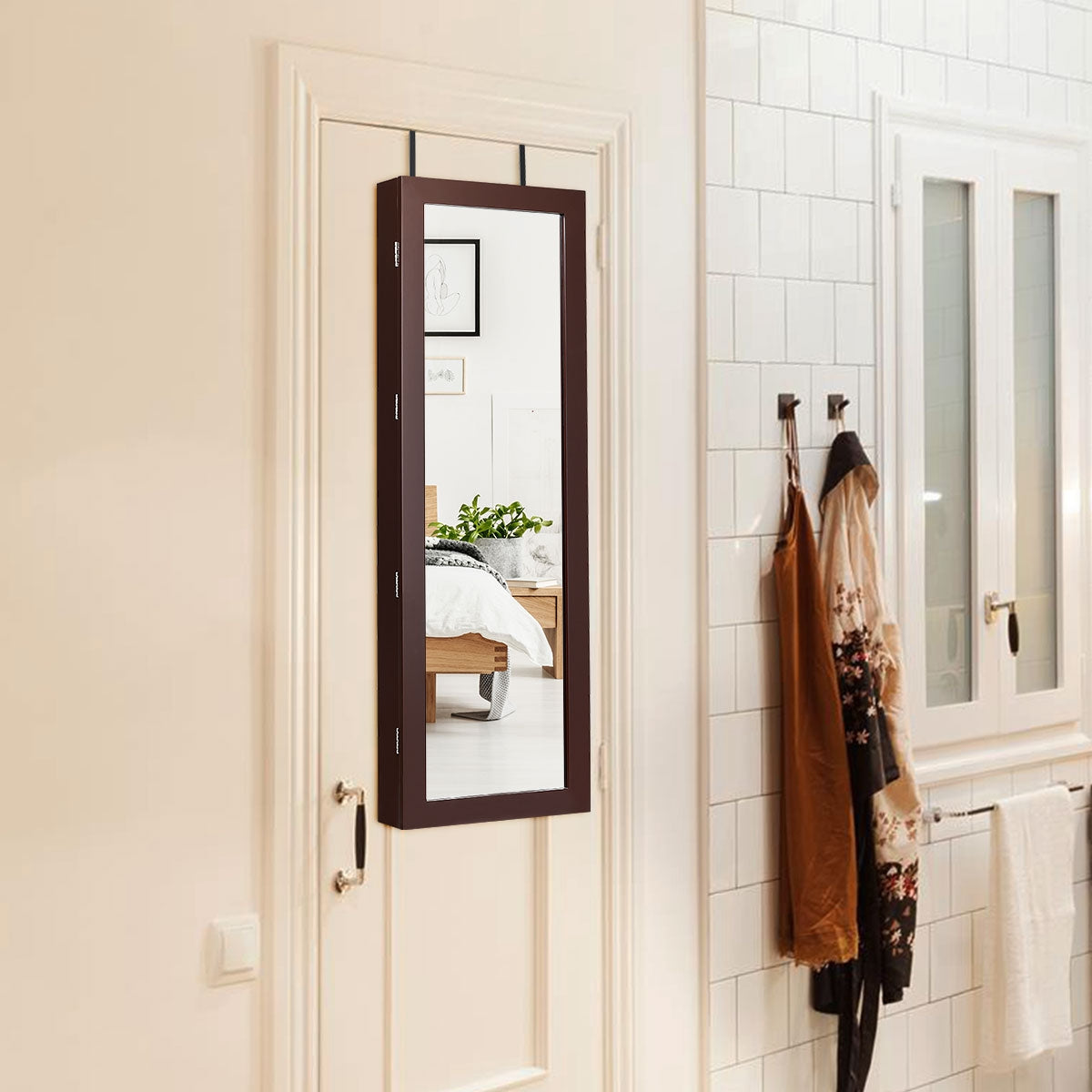 Armadio per gioielli con specchio e luci LED, Organizer al muro o sulla porta con ganci regolabili Marrone-Armadietti per gioielli