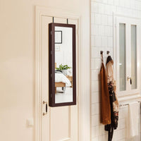 Armadio per gioielli con specchio e luci LED, Organizer al muro o sulla porta con ganci regolabili Marrone-Armadietti per gioielli