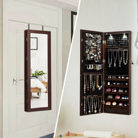 Armadio per gioielli con specchio e luci LED, Organizer al muro o sulla porta con ganci regolabili Marrone-Armadietti per gioielli