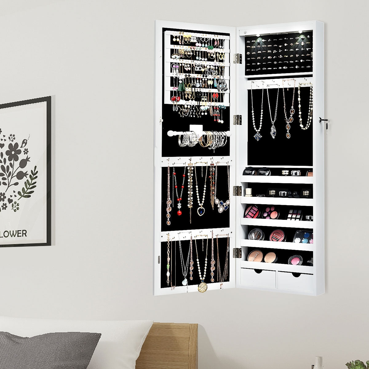 Armadio per gioielli con specchio e luci LED, Organizer al muro o sulla porta con ganci regolabili Bianco-Armadietti per gioielli