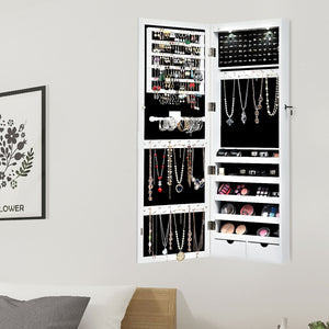 Armadio per gioielli con specchio e luci LED, Organizer al muro o sulla porta con ganci regolabili Bianco-Armadietti per gioielli