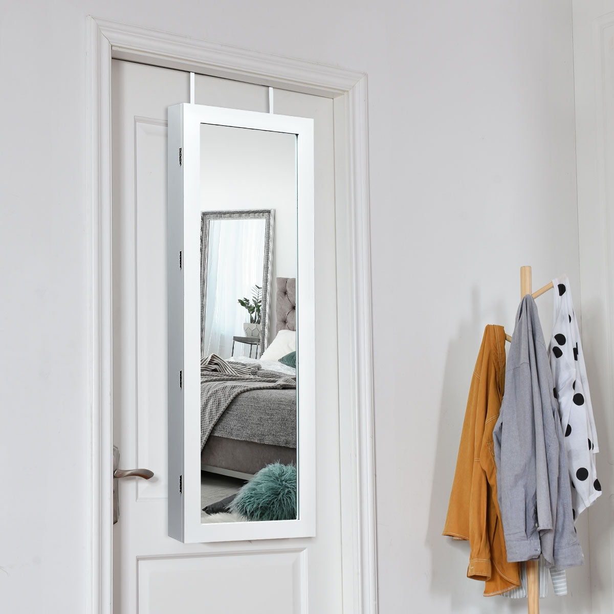 Armadio per gioielli con specchio e luci LED, Organizer al muro o sulla porta con ganci regolabili Bianco-Armadietti per gioielli