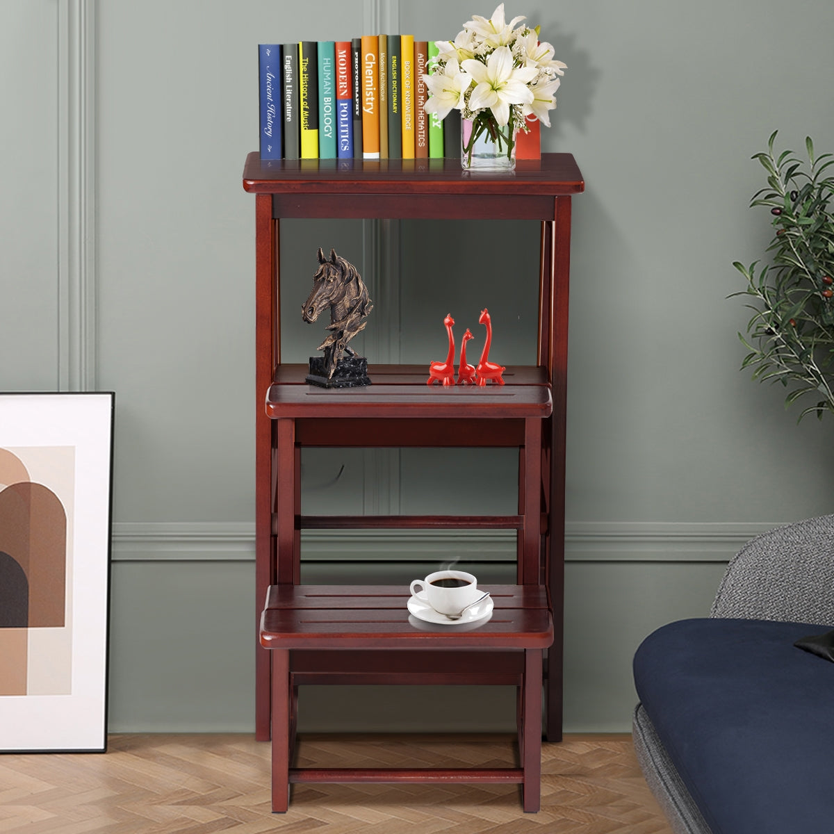 Sgabello scaletta a 3 gradini in legno di pino multiuso, Sgabello pieghevole da cucina 57x38x65cm Caff¨¨-Sgabelli